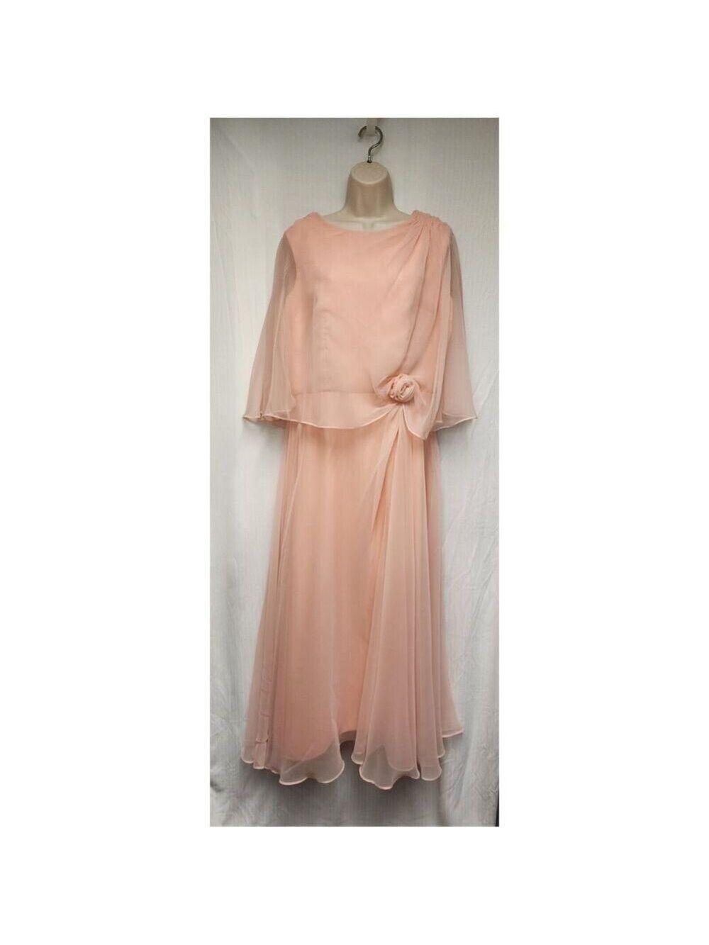 Vintage 70s Peach Formal Gown Maxi A-Line Chiffon Dress Size 14 - Picture 2 of 7